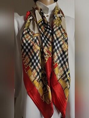 100% Silk Equestrian Chain Scarf / 32"x 32" / red, cream, tan